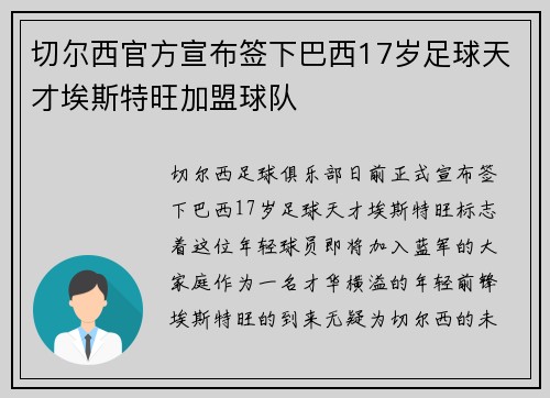 切尔西官方宣布签下巴西17岁足球天才埃斯特旺加盟球队 切尔西官方宣布签下巴西17岁足球天才埃斯特旺加盟球队